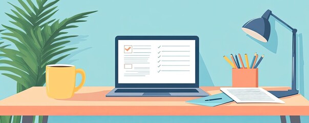 A desk with a laptop, a coffee mug, and a to-do list, ready for the workday ahead