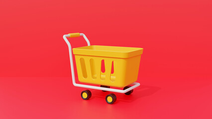 Yellow shopping cart on red background. Shopping Online Concept. Shopping time concept banner with shopping cart.