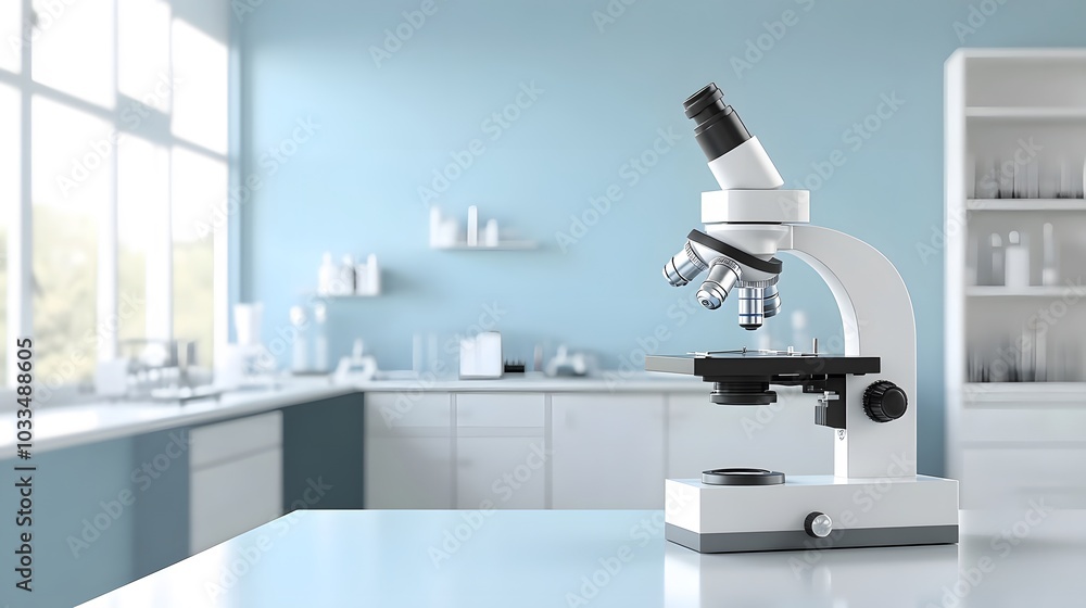 Poster a white microscope on a table in a laboratory setting