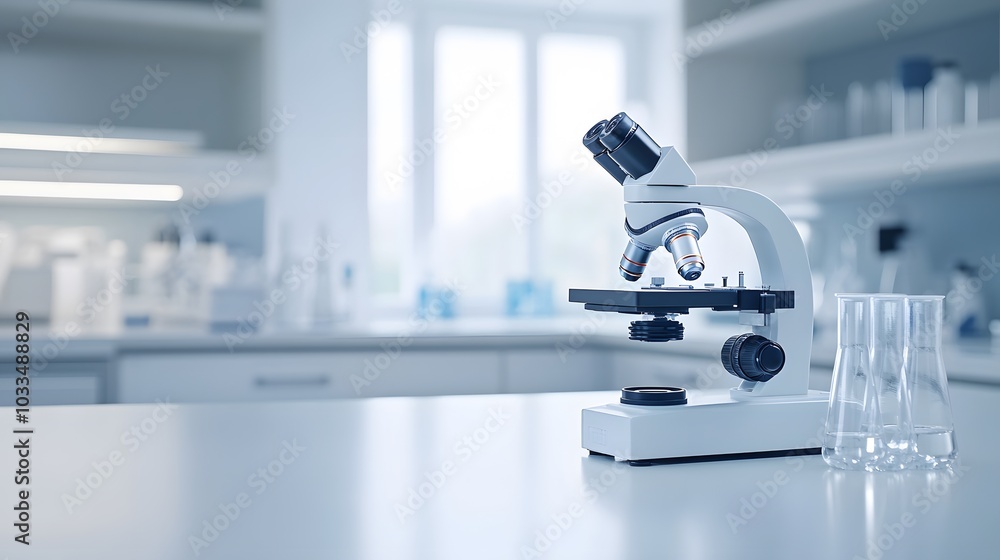 Aufkleber a close-up of a microscope and beakers in a laboratory setting
