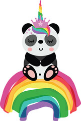 Cute unicorn panda sitting on rainbow