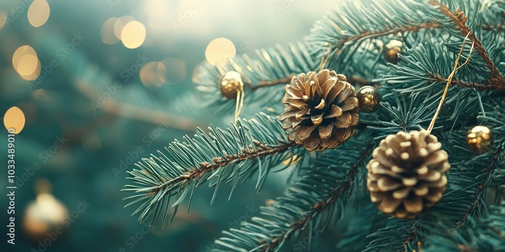 Poster close-up of a pine branch adorned with decorations. background for christmas and new year holidays. 