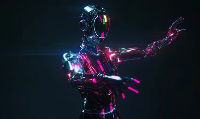 Neon-lit robot with outstretched hand.