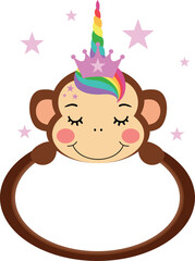Oval empty frame with funny unicorn monkey face