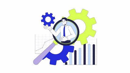 Digital business analytics 2D animation. Competitor analysis 4K video motion graphic. Cogs charts. Accounting analyst magnifying glass animated character cartoon flat concept, white background