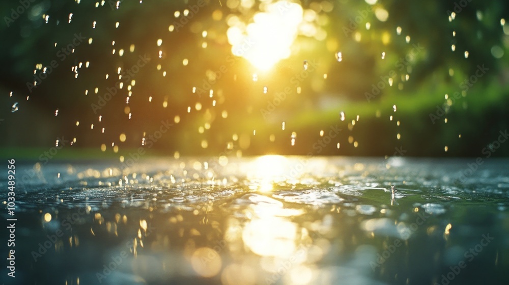 Poster raindrops falling on a wet surface with a blurred background of sunlight and greenery.