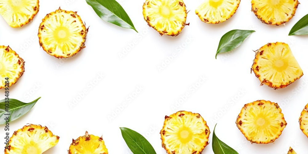 Poster sliced pineapple adorned with green leaves, set against a white background with copy space for your 
