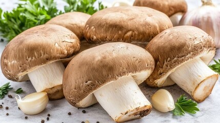 Fresh Brown Mushrooms on Kitchen Counter