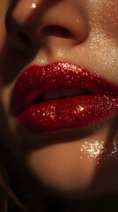 Close-up of lips, frontal portrait, red glittery lipstick, dreamy lighting