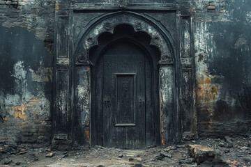 Decorated wooden door of an ancient castle.