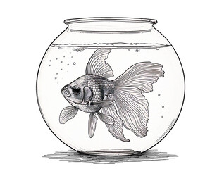 Illustration goldfish in a glass - AI image further developed in Photoshop, translucent water, transparent background