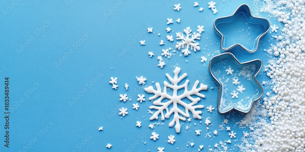 Poster Flat lay featuring a snowflake cookie cutter and snowflake sprinkles on a blue background. Theme of holiday, Christmas, and New Year. Inviting homey elements. Horizontal, widescreen banner format.