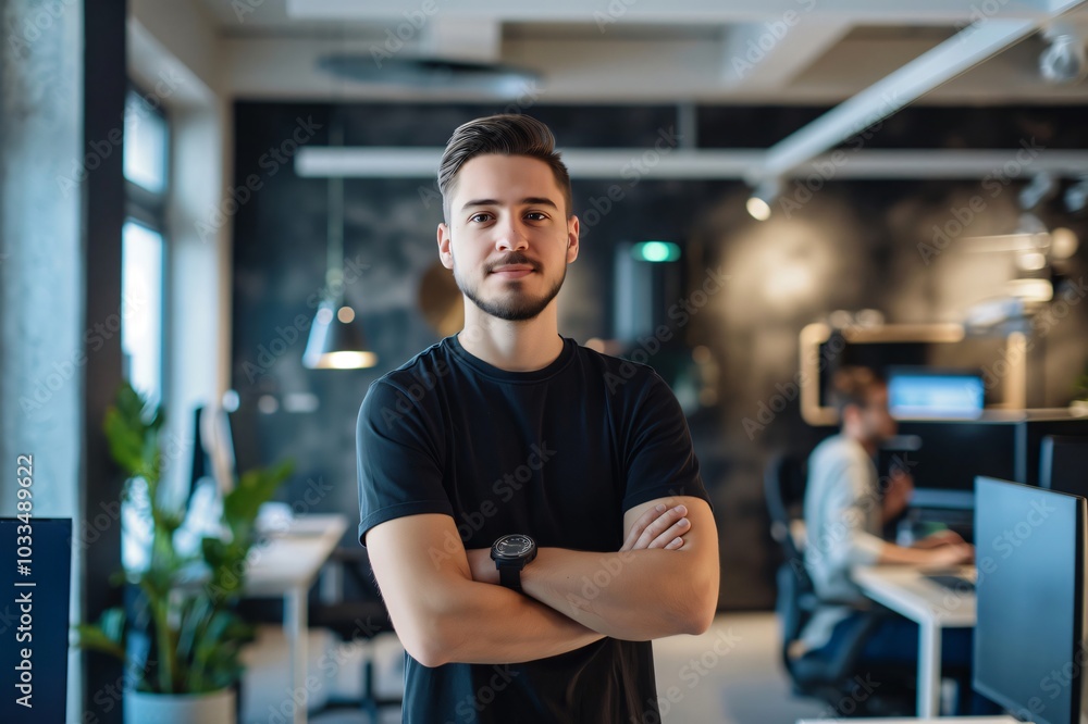 Poster young manager standing with crossed arms in a busy startup office, his team working on computers in 