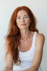 Fototapeta premium A woman with red hair and a white tank top is sitting in front of a white wall. She has a serious expression on her face
