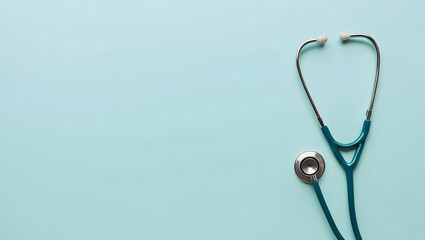 Stethoscope from above on a blue backdrop with plenty of copy space image. Health and wellness background. 