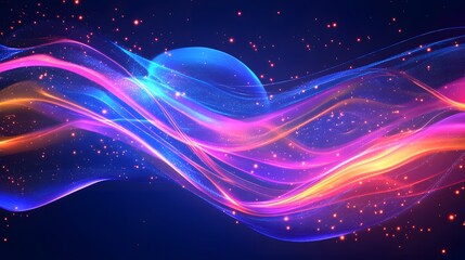 Abstract cosmic background with glowing waves and scattered red lights