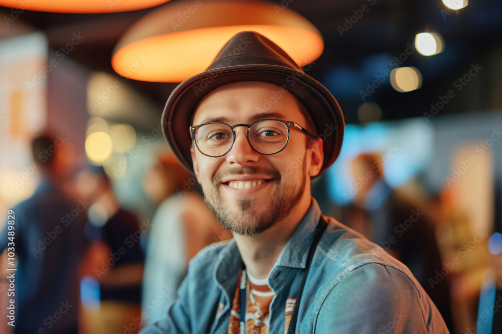 Poster portrait of a young app developer smiling during a networking event, with people talking in the back