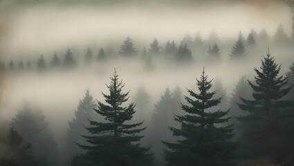 Obraz premium Misty landscape with forest in hipster , fog vintage retro style. Winter Nature Background.