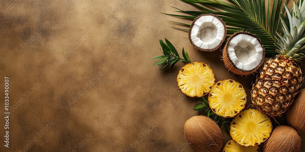 Aufkleber tropical fruits, including coconuts and pineapple, are arranged on a craft brown background. this cr
