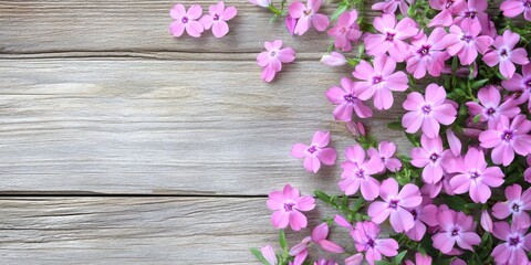 Phlox subulata on a wooden surface with copy space.