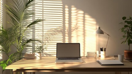 Fototapeta premium A minimalist home office, with only essential items like a laptop, notepad, and coffee mug