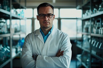 Fototapeta premium Scientist is standing in a lab with his arms crossed, conveying a sense of expertise and determination in scientific research