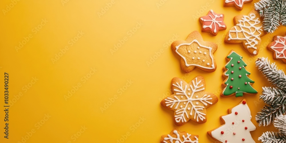 Poster christmas cookies on a yellow background with copy space. top view. flat lay. stylish colorful photo