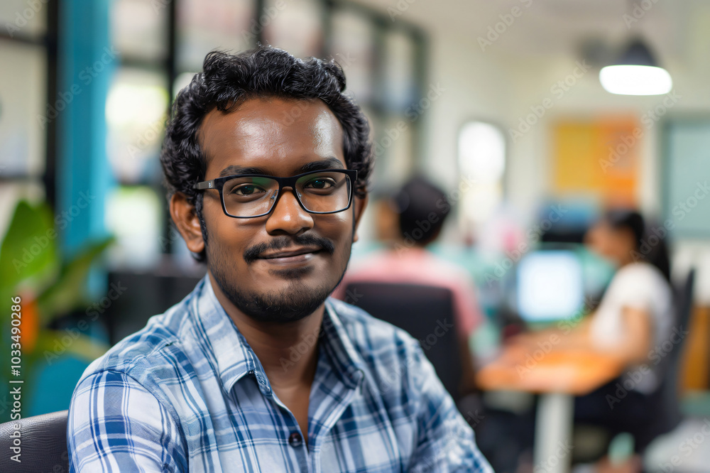 Aufkleber smiling young app developer works on a computer in a busy office, surrounded by coworkers in a moder
