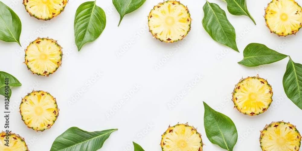 Poster sliced pineapple adorned with green leaves, set against a white background with copy space for your 