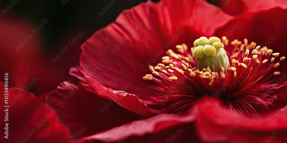 Poster Closeup or macro image of a stunning red opium flower with copyspace.