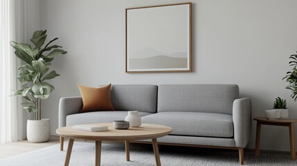 Cozy Scandinavian Living Room Featuring a Simple Grey Sofa and Soft Natural Light