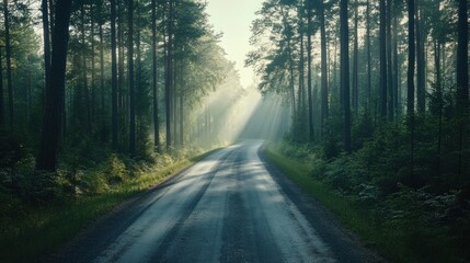 Obraz premium A paved road winds through a dense forest, illuminated by sunlight streaming through the trees.