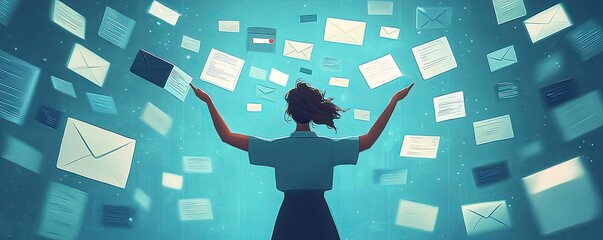 A person juggling multiple tasks, represented by icons for email, calendar, and messaging apps