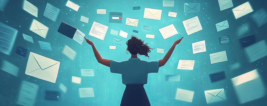 A person juggling multiple tasks, represented by icons for email, calendar, and messaging apps