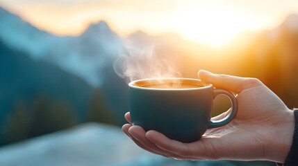 Close up view of hands holding a warm steaming coffee cup placed on a windowsill with a scenic mountain silhouette visible through the glass and soft morning light filtering in