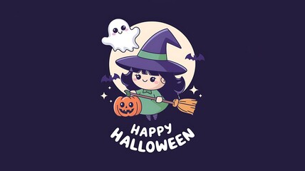 Cute Witch with Pumpkin, Broom, and Ghost in Front of a Moon