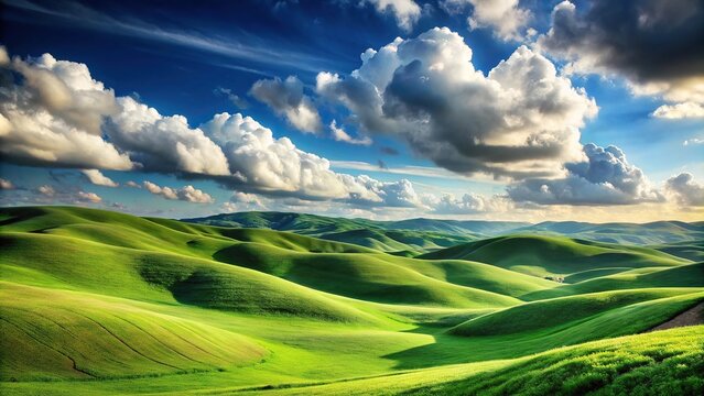 rolling green hills and blue sky with clouds against a blue sky