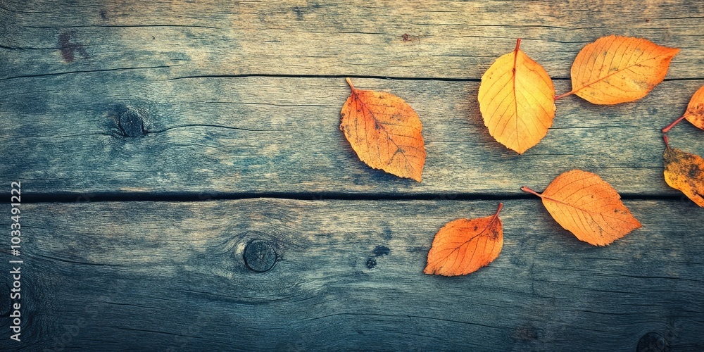 Aufkleber autumn leaves on a wooden surface (soft focus). cross-processed for a vintage appearance. shallow de
