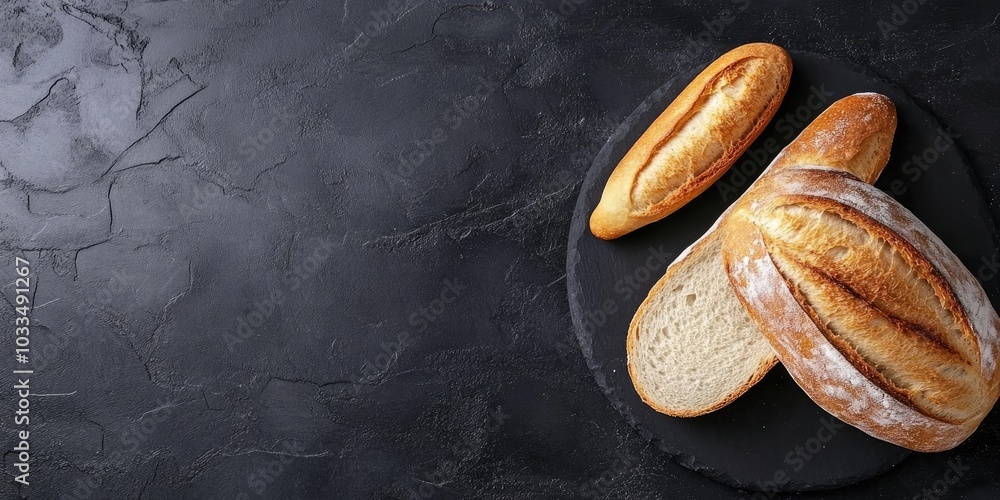 Poster loaf of white bread and baguette on a black background top view copyspace.