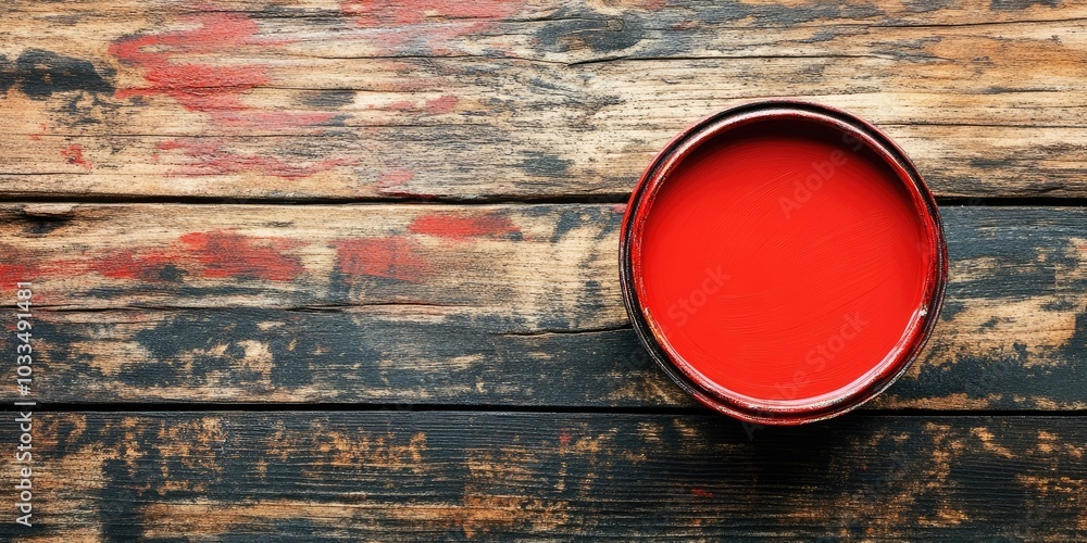 Poster Red paint in a container for repairing and brushing on an old wooden background with copy space for your text. Top view.