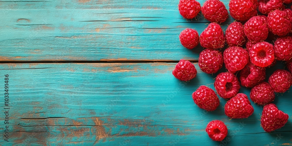 Poster A cluster of raspberries on a vibrant wooden table background. Close-up composition with copy space for text.