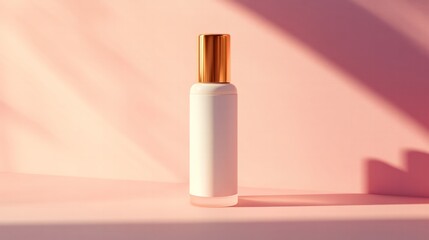 Cream bottle with a gold cap, standing elegantly in front of a soft pastel backdrop, delicate lighting