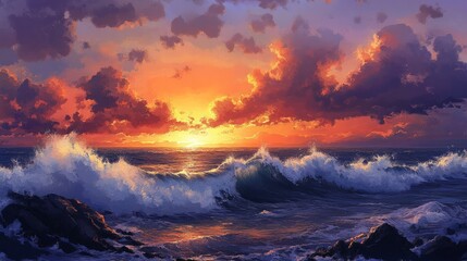 Fototapeta premium Dramatic sunset over a vast ocean, with waves crashing against the rocky shore and the sky ablaze with color
