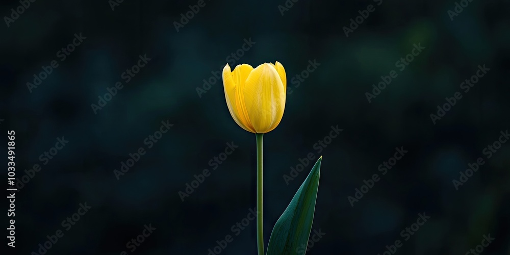 Poster a solitary yellow tulip set against a dark backdrop, outside. copy space. macro.