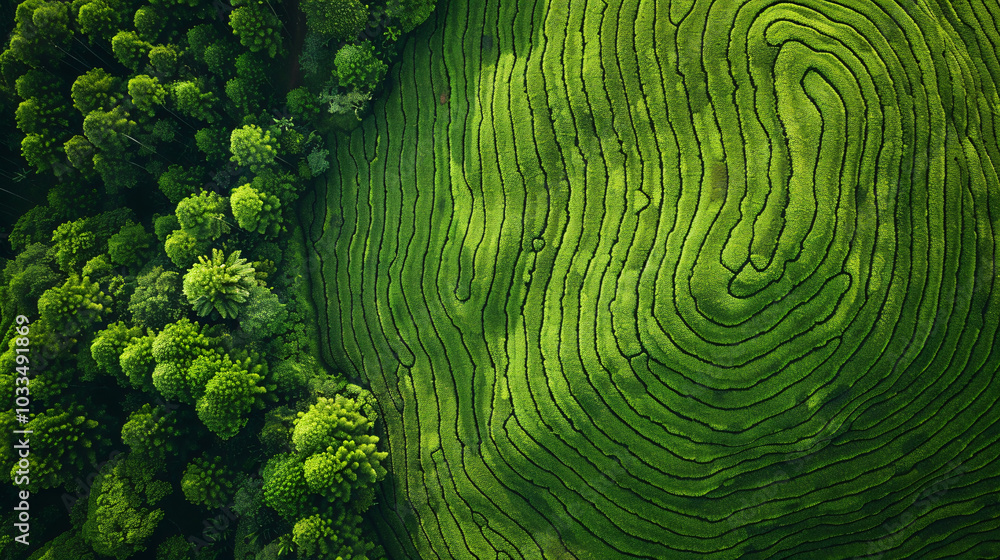 Poster aerial view of a tea plantation, with a textured background showing a beautiful pattern in the form 