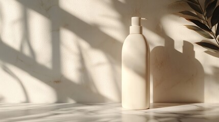 Elegant cream bottle with smooth surface, positioned on a marble countertop, soft shadows and diffused light