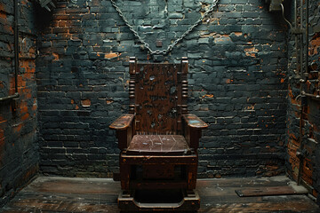 A historic electric chair displayed in a prison setting with a dark grim ambiance