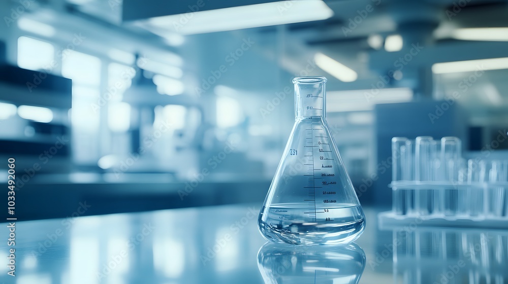 Poster erlenmeyer flask with clear liquid in a laboratory setting