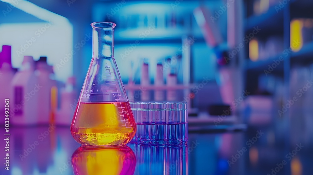 Poster a single erlenmeyer flask filled with yellow liquid in a laboratory setting