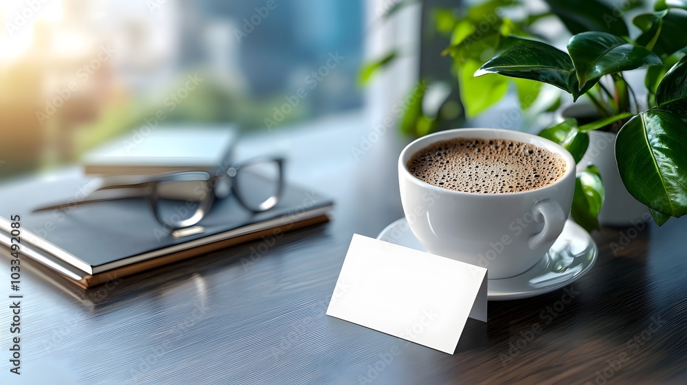 Poster a clean and organized desk with a blank business card resting on a modern minimalist office workspac
